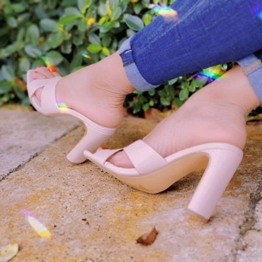 Pink Square Toe Slip On Sandals for Women Chunky Heel Comfort Shoes - Picture 4 of 5